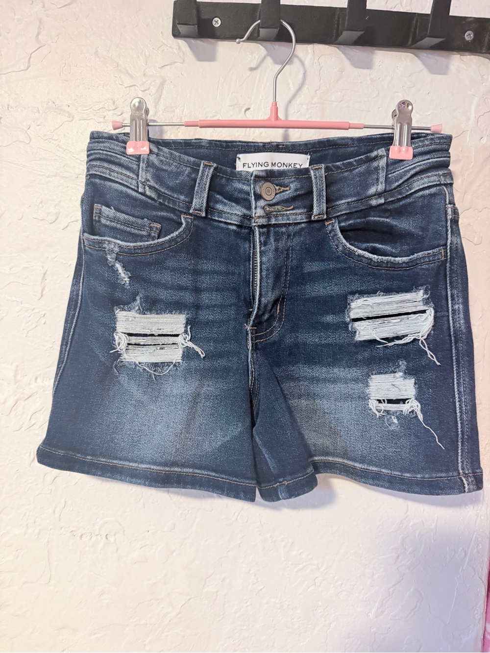 Flying Monkey Distressed Dark Wash Blue Jean Shorts